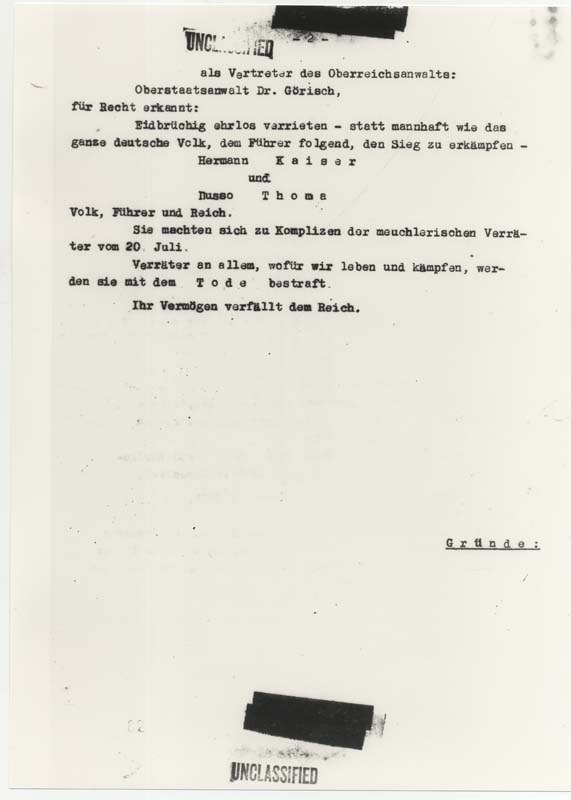 Aus dem Todesurteil des „Volksgerichtshofs“ gegen Hermann Kaiser und Busso Thoma, 17. Januar 1945